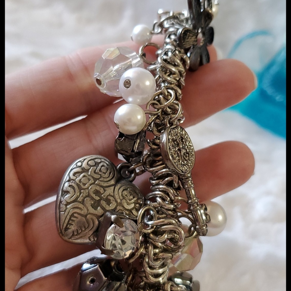 Silvertone stretch bracelet charms crystals beads dangles hearts keys  findings - Picture 6 of 7